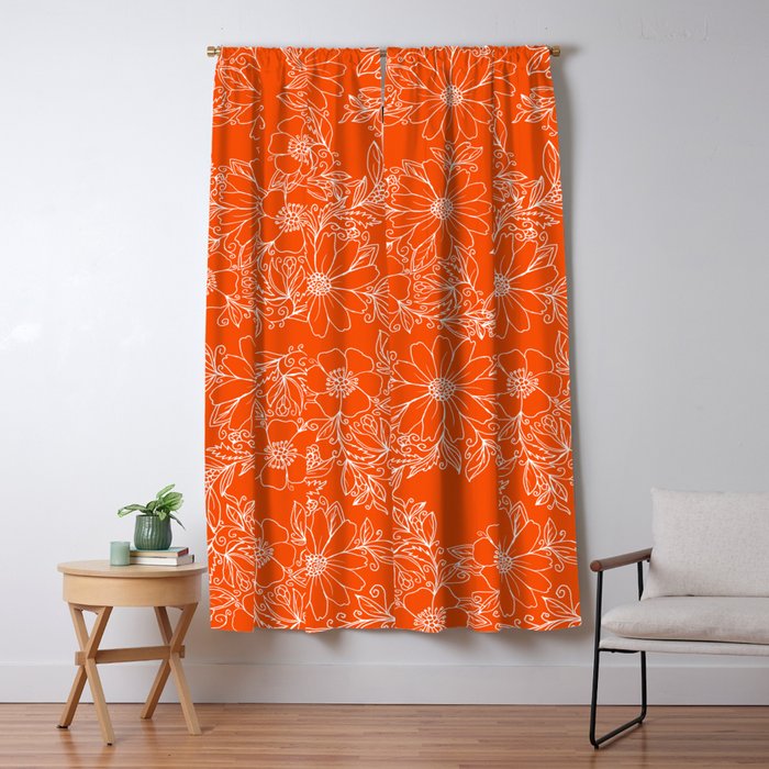 Hand Drawn White Bright Orange Modern Floral Window Curtain