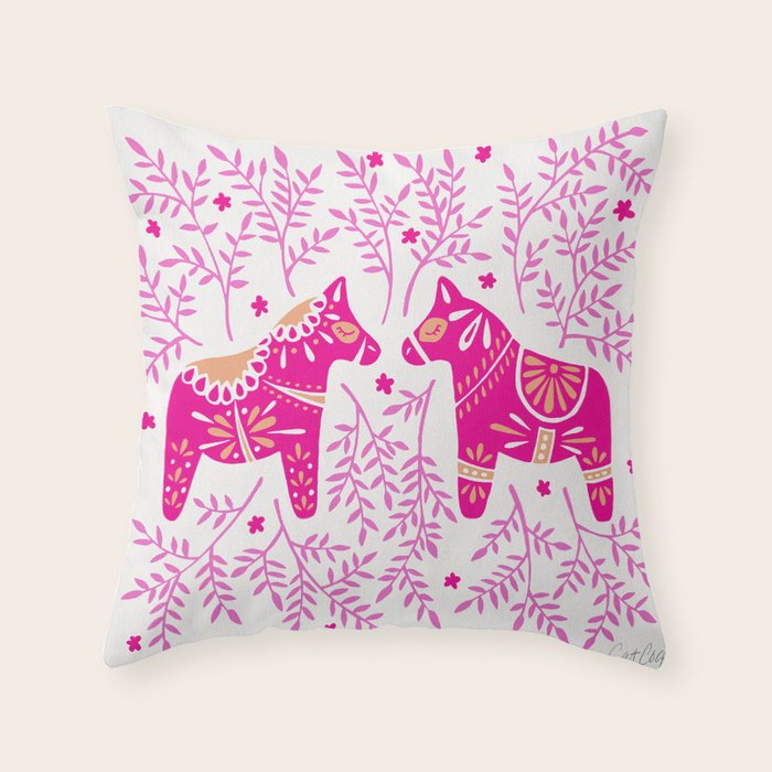 Swedish Dala Horses - Pink Palette Throw Pillow