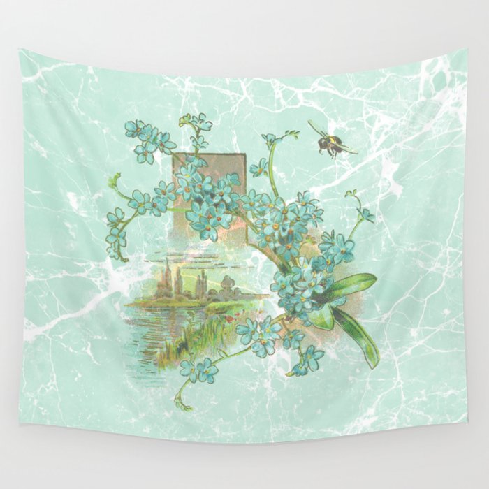 Modern Vintage Mint Marble Floral Landscape Wall Tapestry