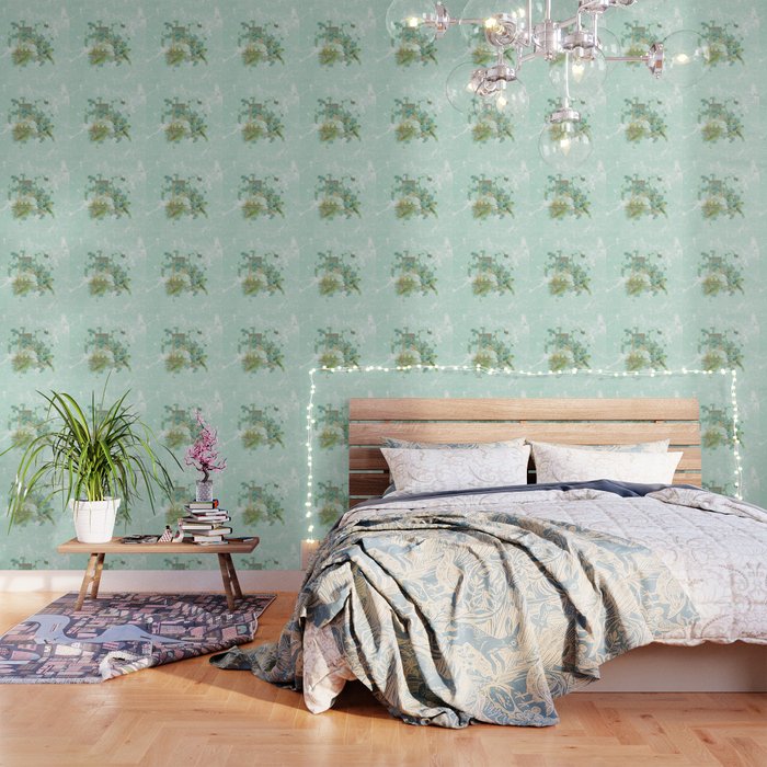 Modern Vintage Mint Marble Floral Landscape Wallpaper