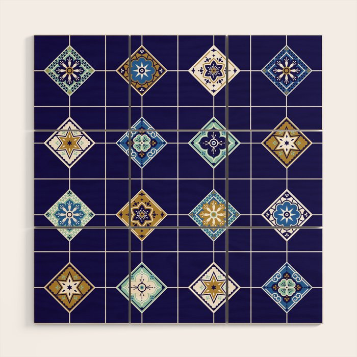 Talavera Mexican Tile - Navy & Bronze Palette Wood Wall Art