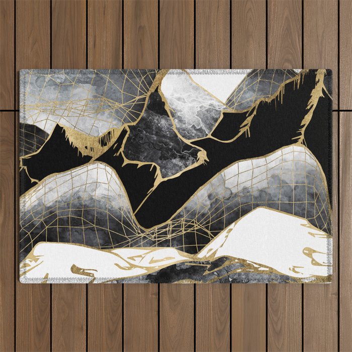Minimal Black And Gold Mountains Outdoor Rug