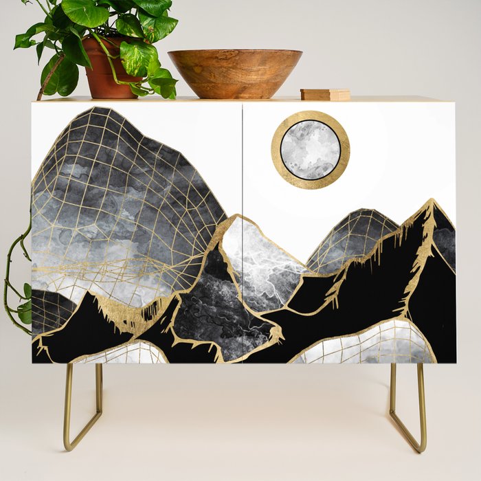 Minimal Black And Gold Mountains Credenza