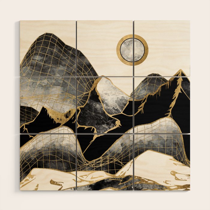Minimal Black And Gold Mountains Wood Wall Art