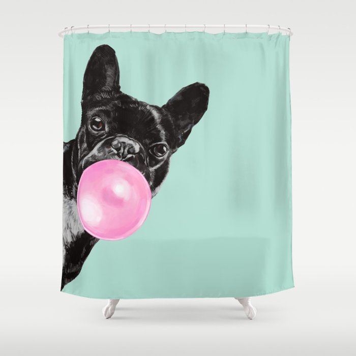 Bubble Gum Sneaky French Bulldog In Green Shower Curtain