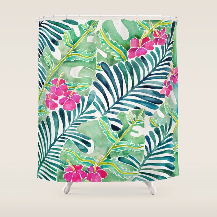 Lush Tropical Fronds & Hibiscus Shower Curtain