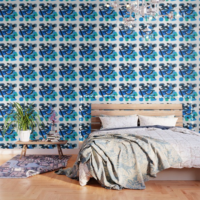 Abstract Minimalist Mid Century Modern Colorful Pop Art Retro Funky Shapes Blue Turquoise Wallpaper