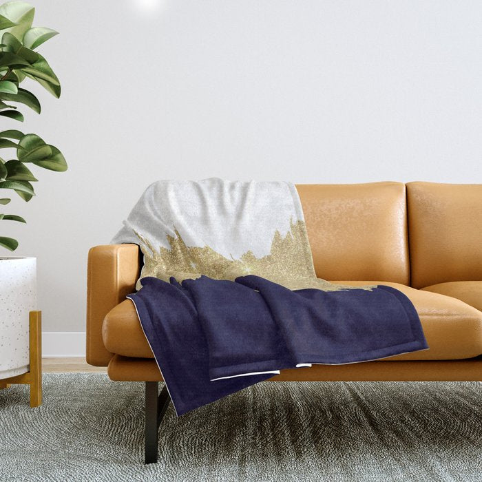 Modern Navy Blue White Faux Gold Glitter Brushstrokes Throw Blanket