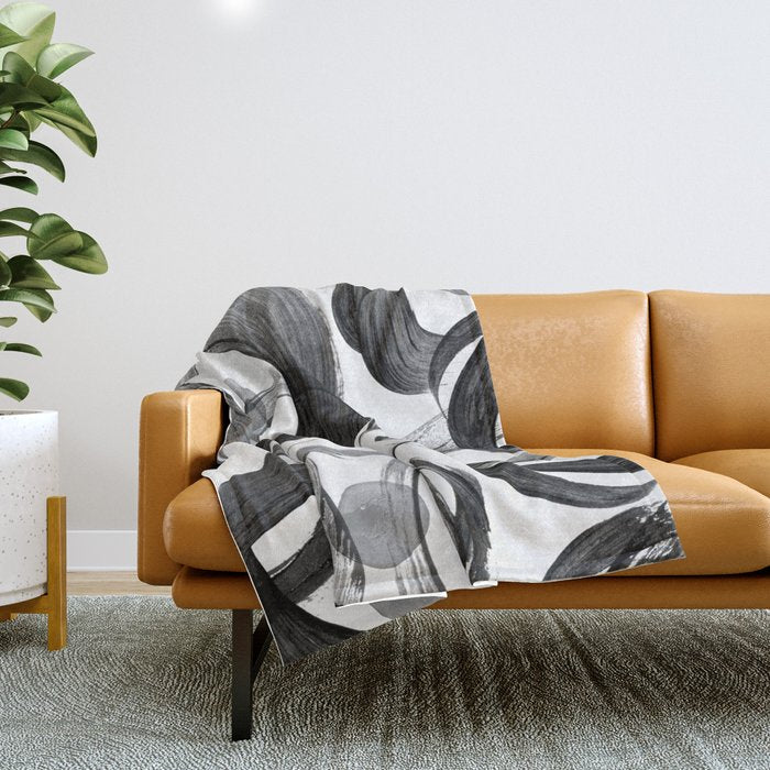 Modern Abstract Black White Hand Painted Brushstrokes Throw Blanket