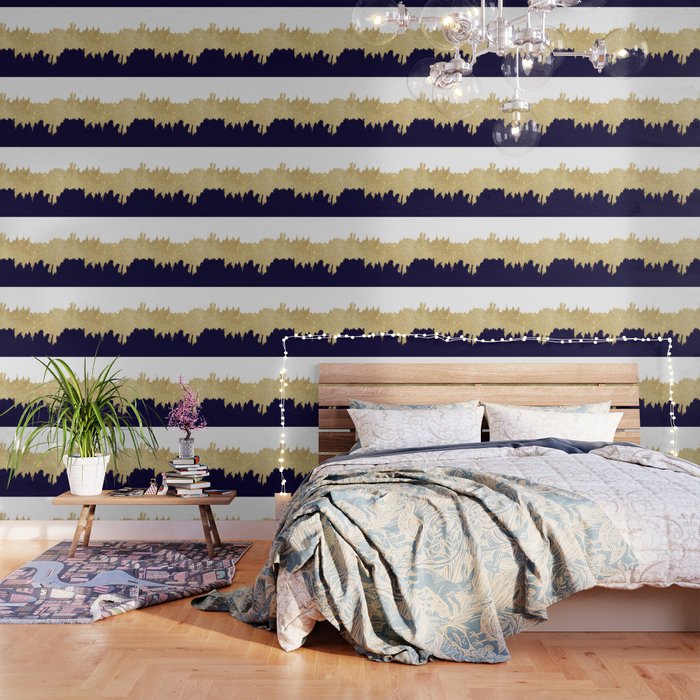 Modern Navy Blue White Faux Gold Glitter Brushstrokes Wallpaper