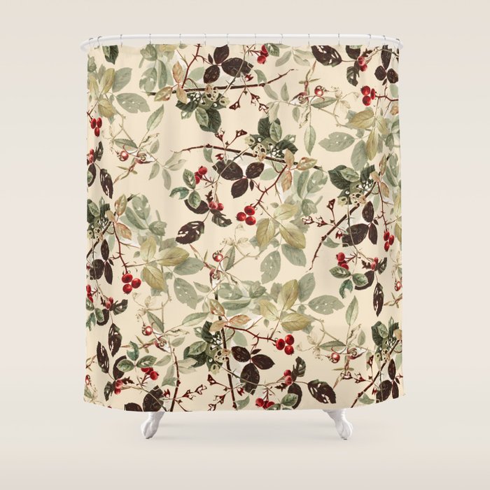 Vintage Ivory Red Green Forest Berries Floral Shower Curtain