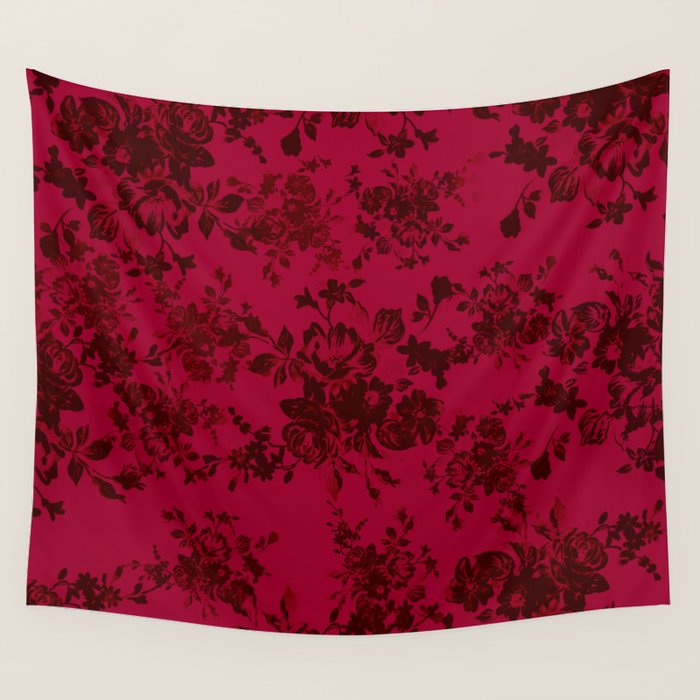 Vintage Black Gray Red Bohemian Floral Pattern Wall Tapestry