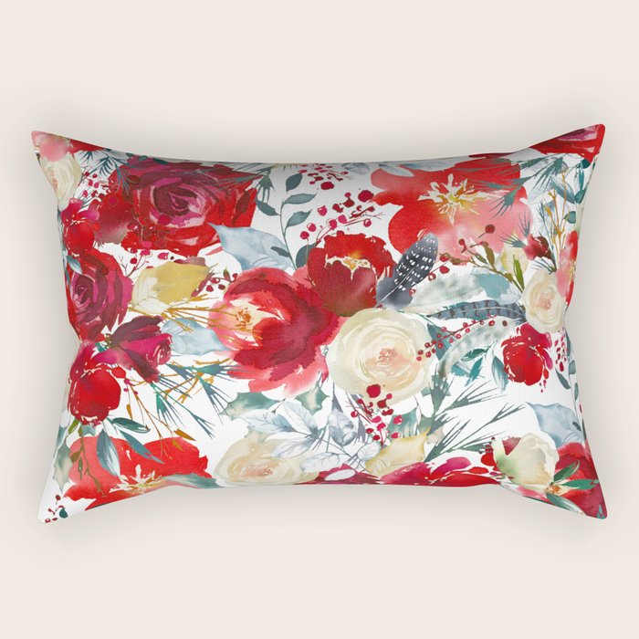 Red Teal Hand Painted Boho Watercolor Roses Floral Rectangular Pillow