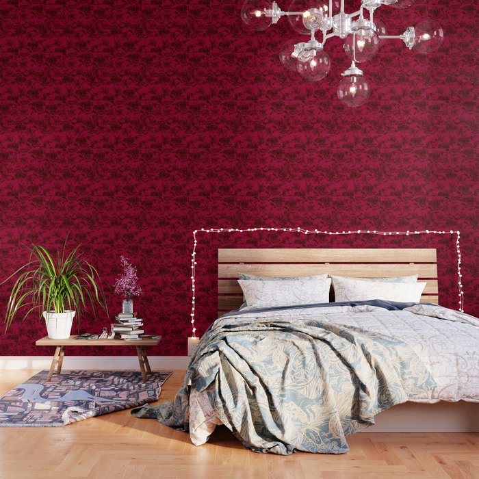 Vintage Black Gray Red Bohemian Floral Pattern Wallpaper
