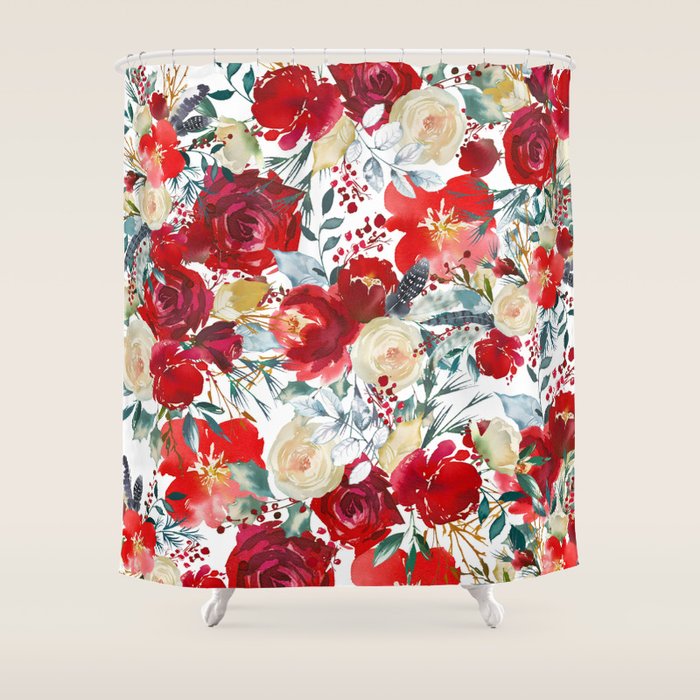 Red Teal Hand Painted Boho Watercolor Roses Floral Shower Curtain