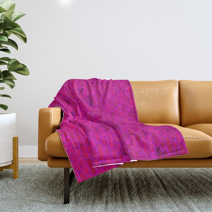 Bright Neon Hot Pink Fuchsia Brick Wall Throw Blanket