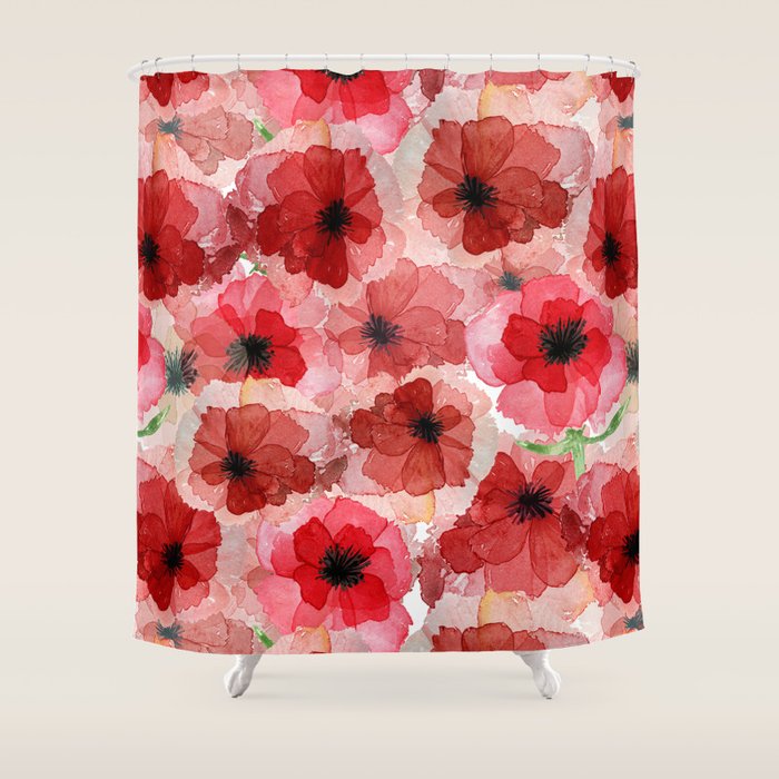 Pressed Poppy Blossom Pattern Shower Curtain