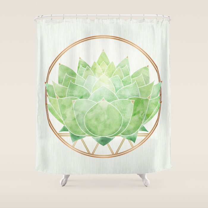 Watercolor Succulent Plant With Metallic Gold Shower Curtain