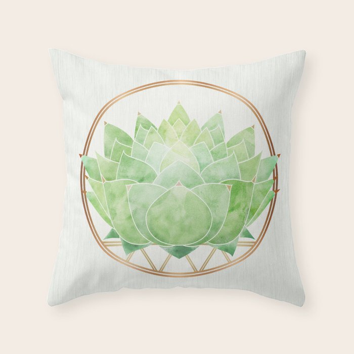 Watercolor Succulent Plant With Metallic Gold Throw Pillow