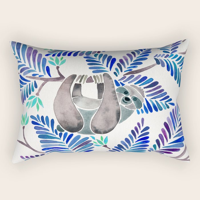 Happy Sloth - Tropical Blue Leaves Rectangular Pillow