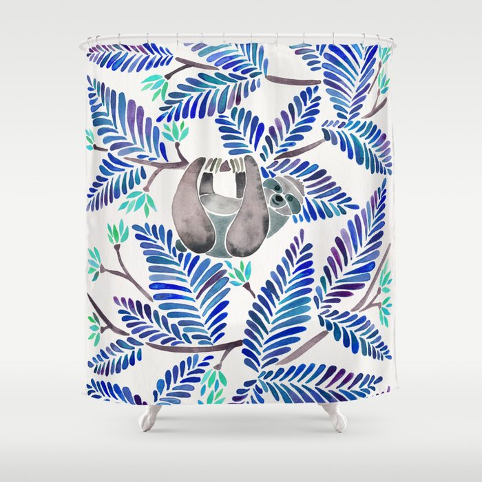 Happy Sloth - Tropical Blue Leaves Shower Curtain