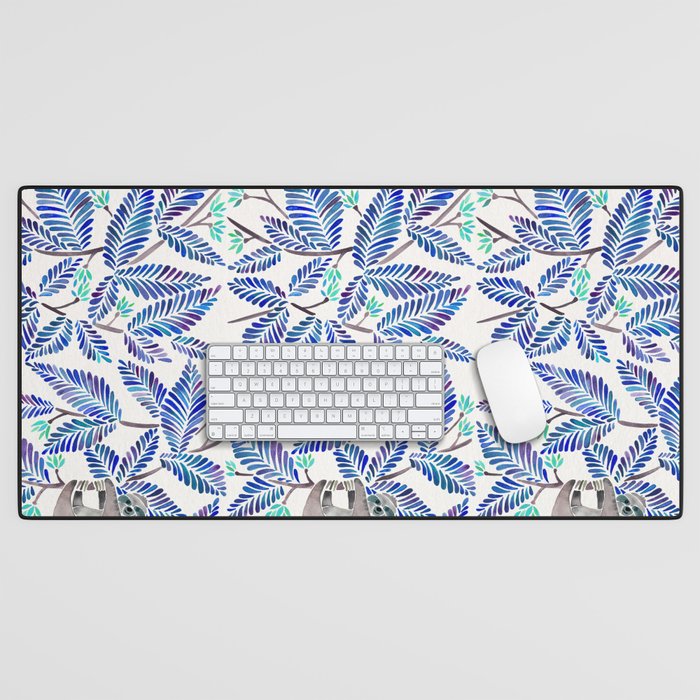 Happy Sloth - Tropical Blue Leaves Desk Mat