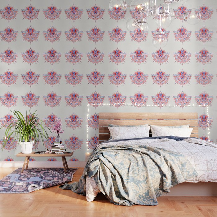 Sacred Lotus Mandala - Red & Blue Palette Wallpaper