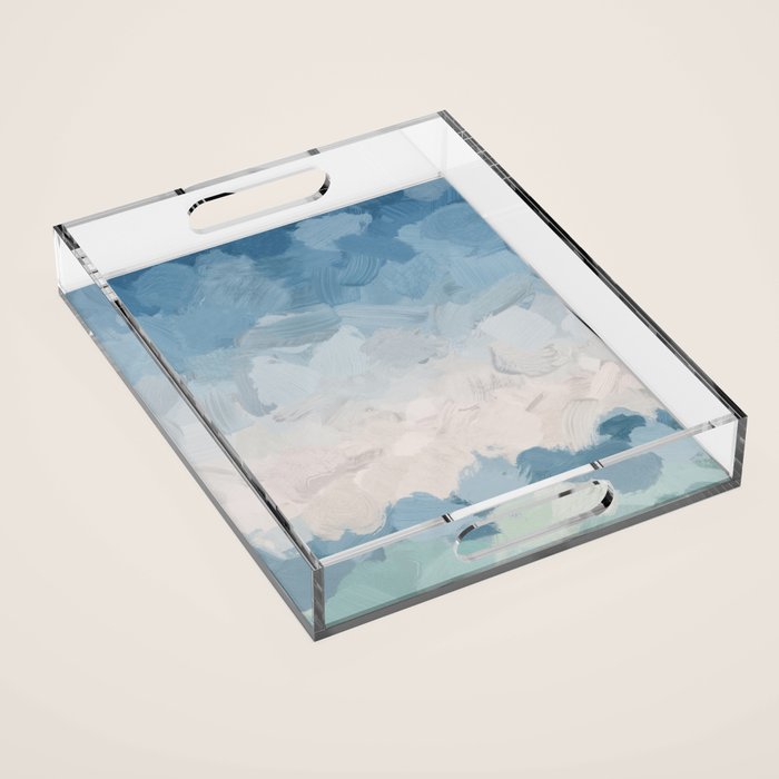 Waves On The Horizon - Mint Blue Aqua Sky Ocean Abstract Art Painting Clouds Water Waves Acrylic Tray