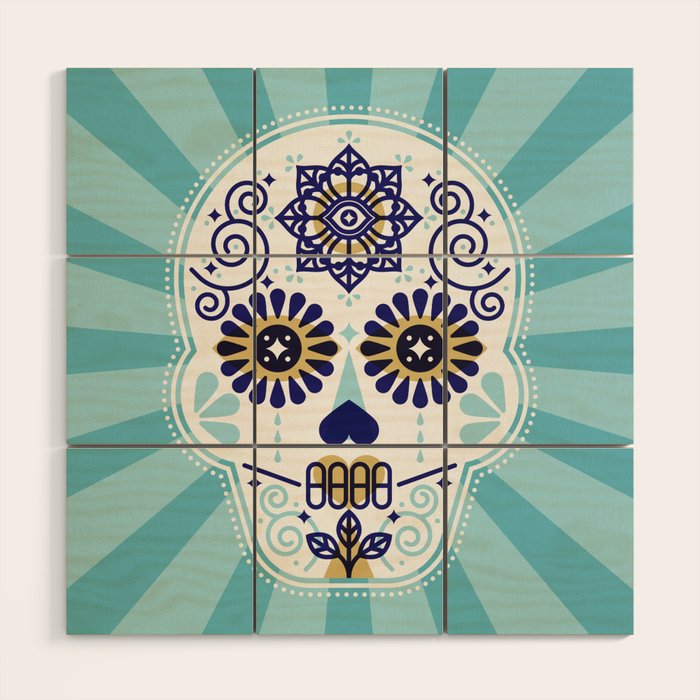 Dã­A De Muertos â¢ Mexican Sugar Skull - Baby Blue Palette Wood Wall Art