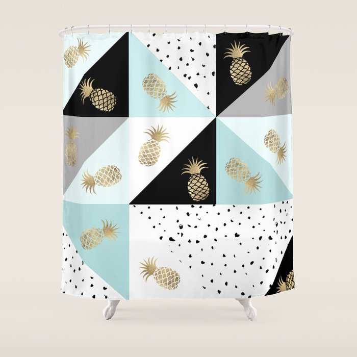Pastel Color Block Watercolor Dots Faux Gold Pineapple Shower Curtain