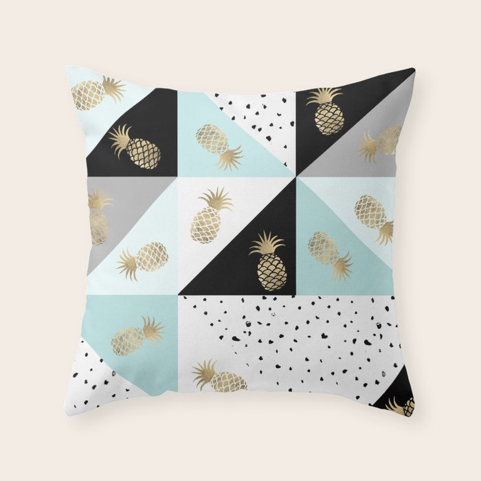 Pastel Color Block Watercolor Dots Faux Gold Pineapple Throw Pillow