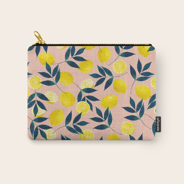Lemon Goodness, Botanical Nature Forest Illustration, Bohemian Blush Colorful Painting Carry All Pouch