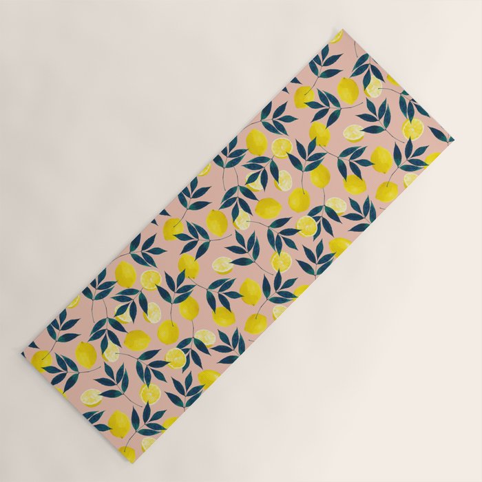 Lemon Goodness, Botanical Nature Forest Illustration, Bohemian Blush Colorful Painting Yoga Mat