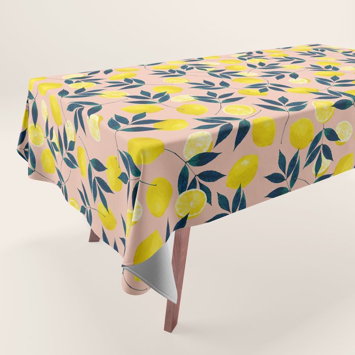 Lemon Goodness, Botanical Nature Forest Illustration, Bohemian Blush Colorful Painting Tablecloth