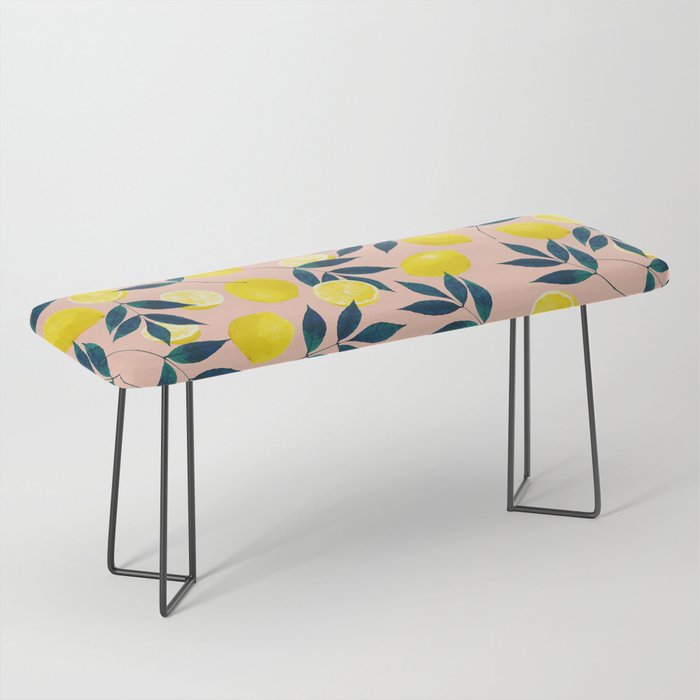 Lemon Goodness, Botanical Nature Forest Illustration, Bohemian Blush Colorful Painting Bench