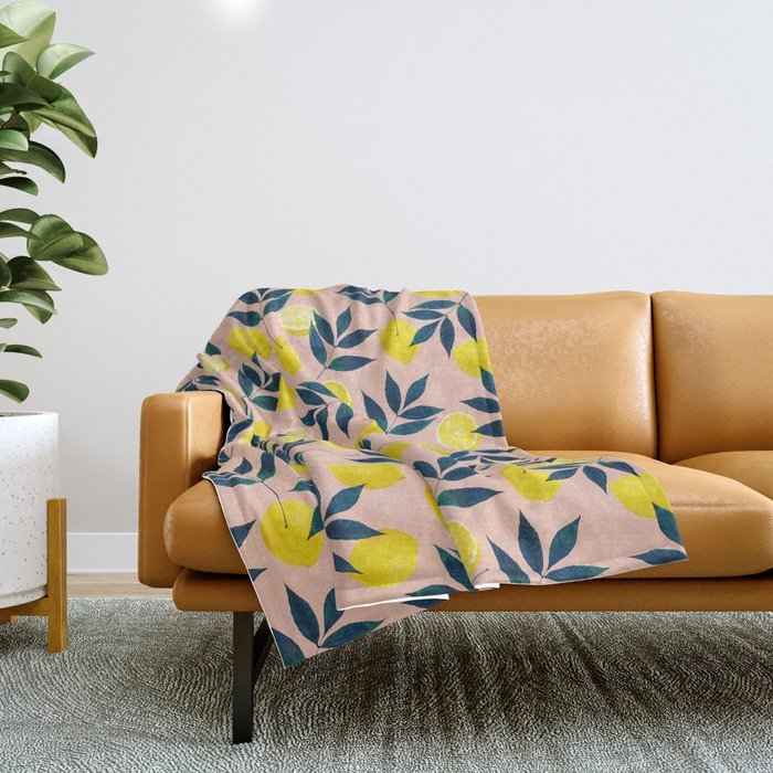 Lemon Goodness, Botanical Nature Forest Illustration, Bohemian Blush Colorful Painting Throw Blanket