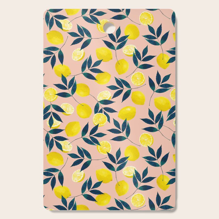 Lemon Goodness, Botanical Nature Forest Illustration, Bohemian Blush Colorful Painting Cutting Board