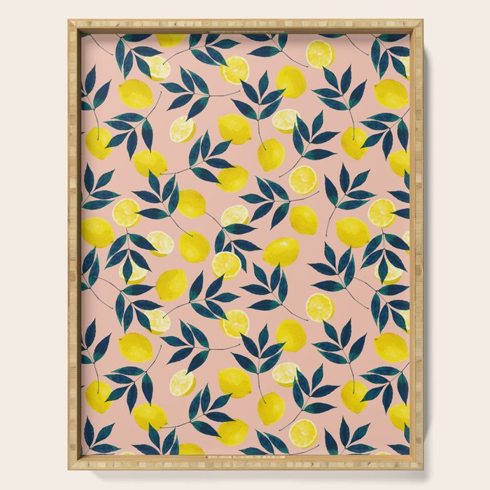 Lemon Goodness, Botanical Nature Forest Illustration, Bohemian Blush Colorful Painting Serving Tray