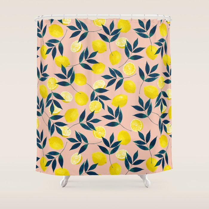 Lemon Goodness, Botanical Nature Forest Illustration, Bohemian Blush Colorful Painting Shower Curtain