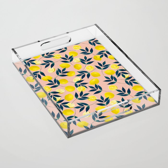 Lemon Goodness, Botanical Nature Forest Illustration, Bohemian Blush Colorful Painting Acrylic Tray