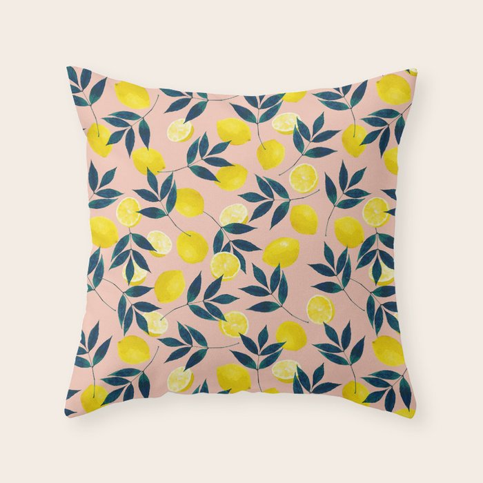 Lemon Goodness, Botanical Nature Forest Illustration, Bohemian Blush Colorful Painting Throw Pillow