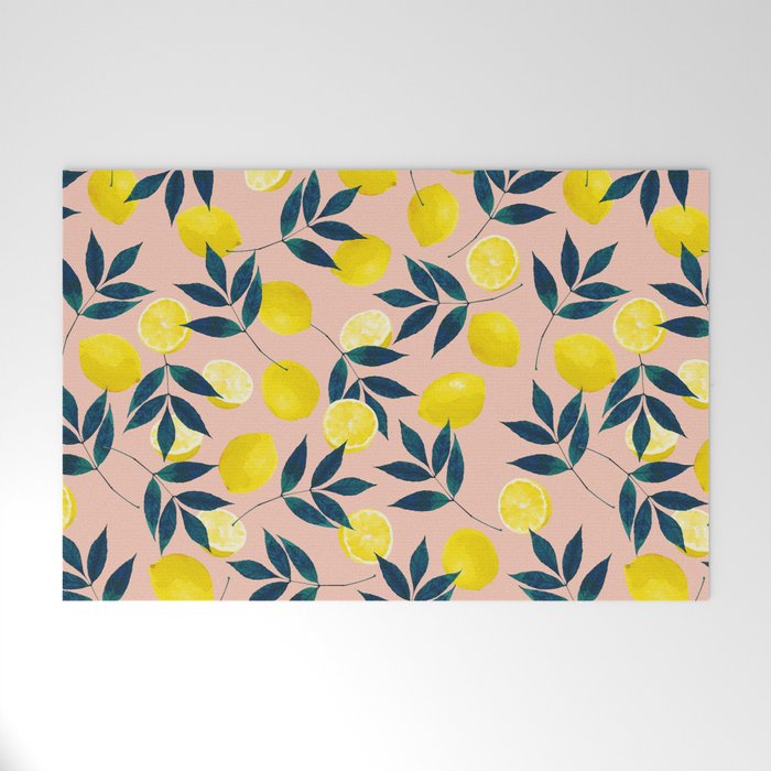 Lemon Goodness, Botanical Nature Forest Illustration, Bohemian Blush Colorful Painting Welcome Mat