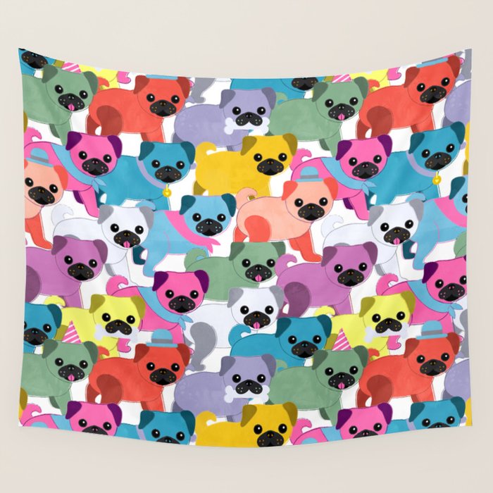 Colored Pugs Pattern - No1 Wall Tapestry