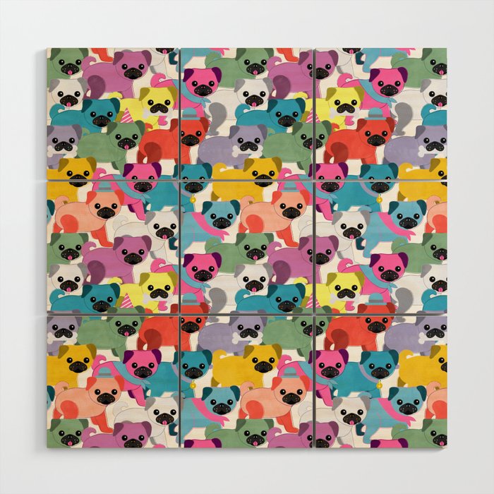 Colored Pugs Pattern - No1 Wood Wall Art