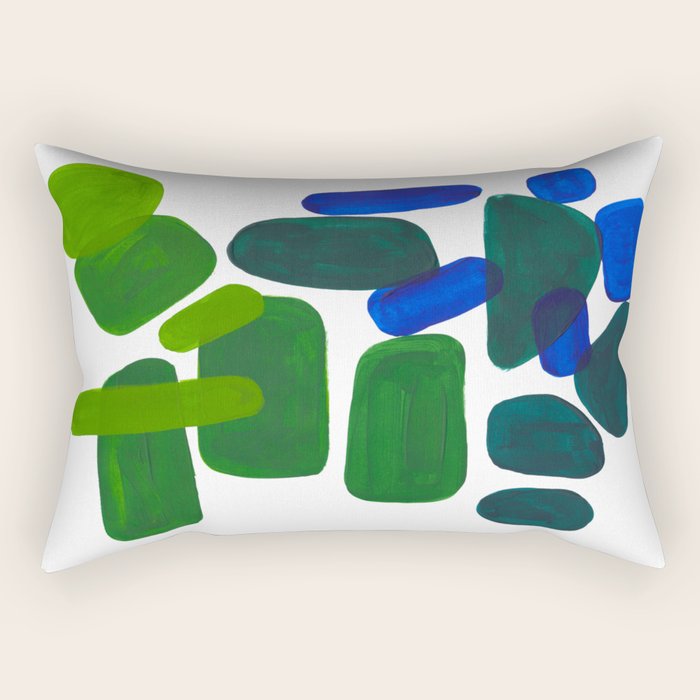 Mid Century Vintage Abstract Minimalist Colorful Pop Art Phthalo Blue Lime Green Pebble Shapes Rectangular Pillow