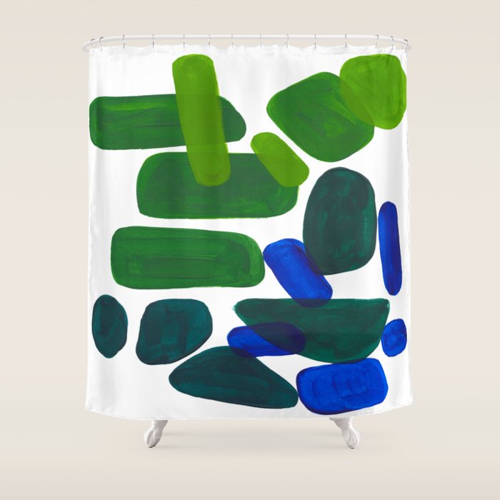 Mid Century Vintage Abstract Minimalist Colorful Pop Art Phthalo Blue Lime Green Pebble Shapes Shower Curtain