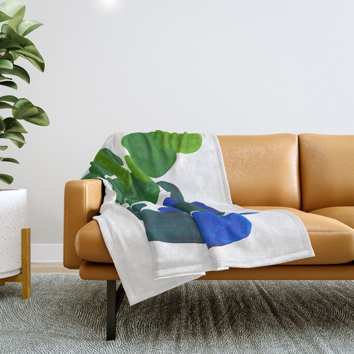 Mid Century Vintage Abstract Minimalist Colorful Pop Art Phthalo Blue Lime Green Pebble Shapes Throw Blanket