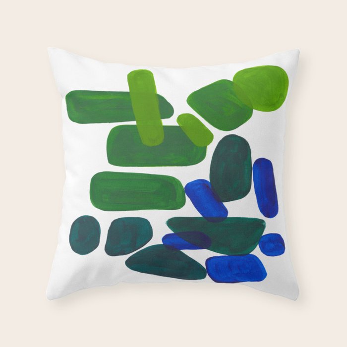 Mid Century Vintage Abstract Minimalist Colorful Pop Art Phthalo Blue Lime Green Pebble Shapes Throw Pillow