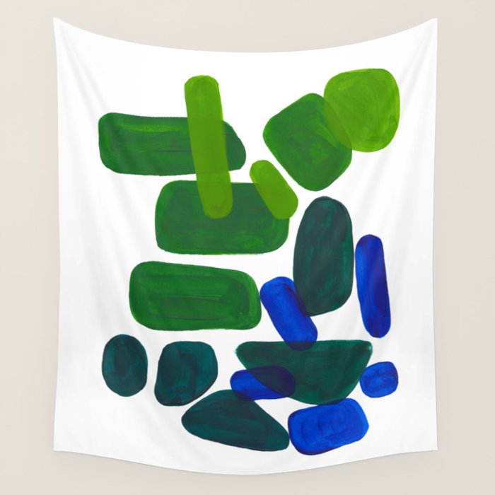 Mid Century Vintage Abstract Minimalist Colorful Pop Art Phthalo Blue Lime Green Pebble Shapes Wall Tapestry