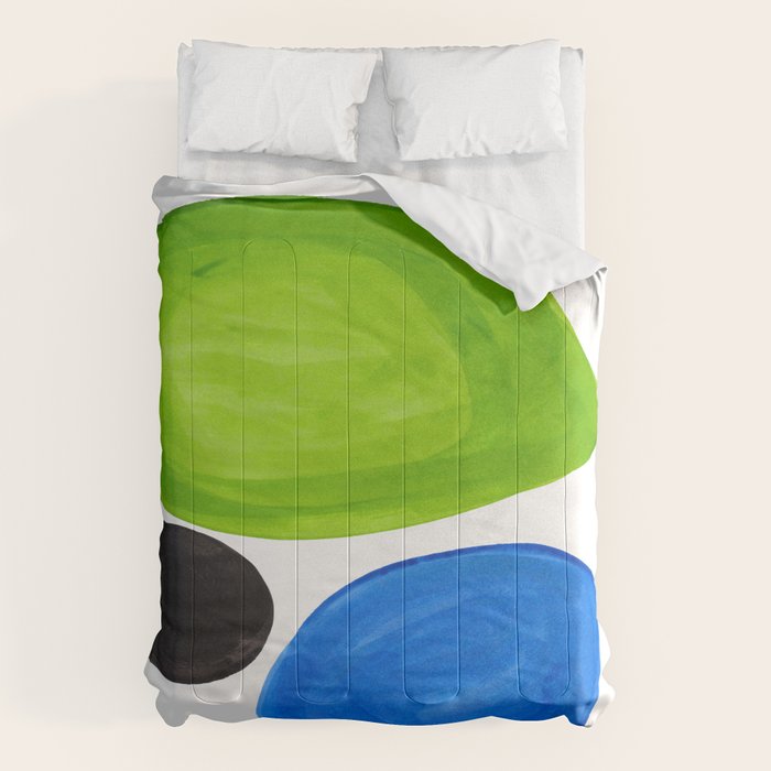 Mid Century Vintage Abstract Minimalist Colorful Pop Art Lime Green Phthalo Blue Black Bubbles Comforter